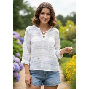 NIC+ZOE Top Womens White Stripe V-Neck Sheer Beachy Coastal Preppy Nautical Sz M